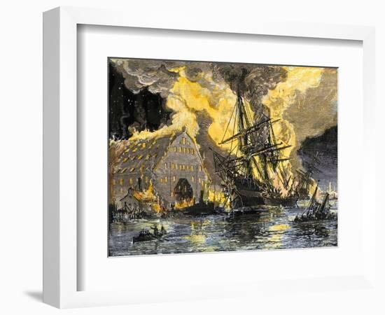 U.S. Frigate, Merrimac, on Fire during Confederate Burning of Gosport Navy Yard, Virginia, c.1862-null-Framed Giclee Print