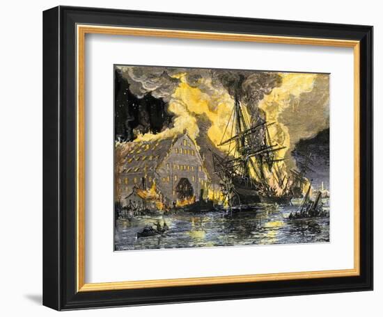 U.S. Frigate, Merrimac, on Fire during Confederate Burning of Gosport Navy Yard, Virginia, c.1862-null-Framed Giclee Print