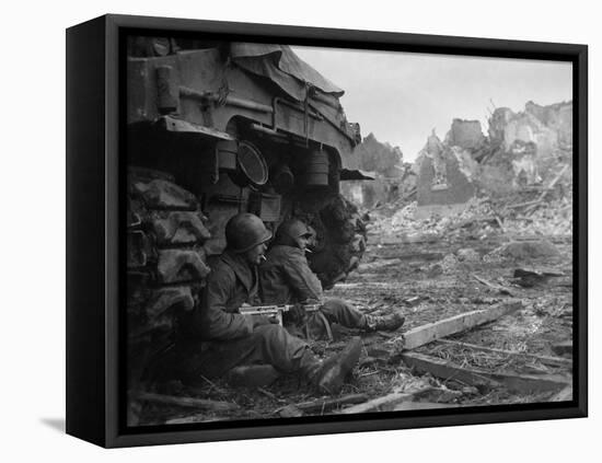 U.S. Infantrymen Sheltering Behind a M-4 Sherman Tank During Heavy German Shelling-null-Framed Stretched Canvas