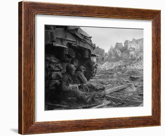 U.S. Infantrymen Sheltering Behind a M-4 Sherman Tank During Heavy German Shelling-null-Framed Photo