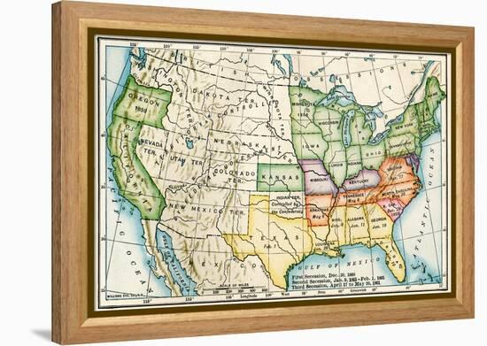 U.S. Map Showing Seceeding States by Date, American Civil War, c.1861-null-Framed Premier Image Canvas