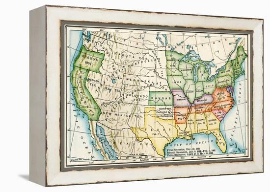 U.S. Map Showing Seceeding States by Date, American Civil War, c.1861-null-Framed Premier Image Canvas