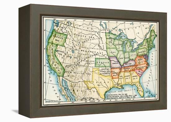 U.S. Map Showing Seceeding States by Date, American Civil War, c.1861-null-Framed Premier Image Canvas