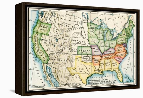 U.S. Map Showing Seceeding States by Date, American Civil War, c.1861-null-Framed Premier Image Canvas