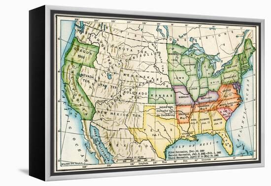 U.S. Map Showing Seceeding States by Date, American Civil War, c.1861-null-Framed Premier Image Canvas