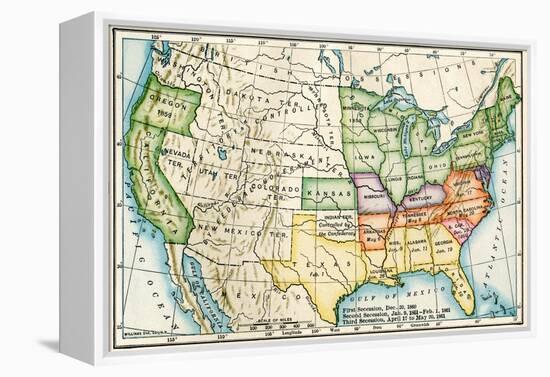 U.S. Map Showing Seceeding States by Date, American Civil War, c.1861-null-Framed Premier Image Canvas