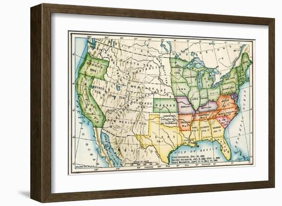 U.S. Map Showing Seceeding States by Date, American Civil War, c.1861-null-Framed Giclee Print