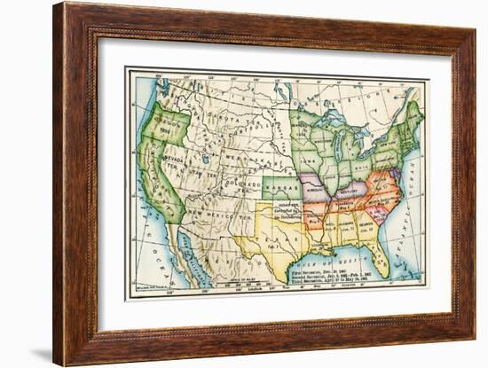 U.S. Map Showing Seceeding States by Date, American Civil War, c.1861-null-Framed Giclee Print