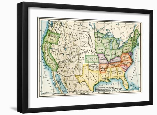 U.S. Map Showing Seceeding States by Date, American Civil War, c.1861-null-Framed Giclee Print