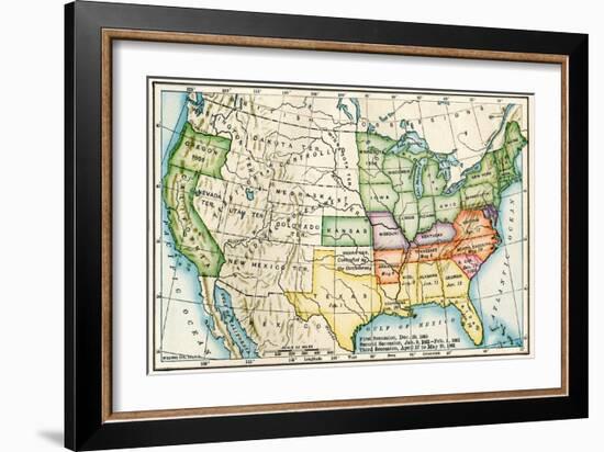 U.S. Map Showing Seceeding States by Date, American Civil War, c.1861-null-Framed Giclee Print