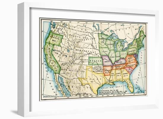 U.S. Map Showing Seceeding States by Date, American Civil War, c.1861-null-Framed Giclee Print