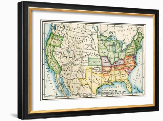 U.S. Map Showing Seceeding States by Date, American Civil War, c.1861-null-Framed Giclee Print