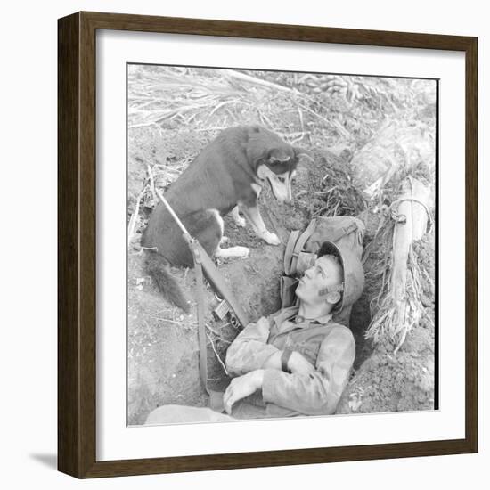 U.S. Marine in a Foxhole with War Scouting Husky Dog During the Landing of Guam, August 1944-W^ Eugene Smith-Framed Photographic Print