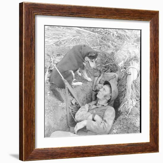 U.S. Marine in a Foxhole with War Scouting Husky Dog During the Landing of Guam, August 1944-W^ Eugene Smith-Framed Photographic Print