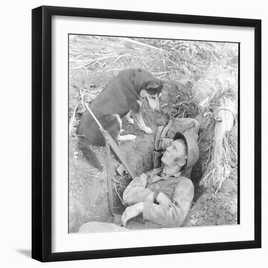 U.S. Marine in a Foxhole with War Scouting Husky Dog During the Landing of Guam, August 1944-W^ Eugene Smith-Framed Photographic Print