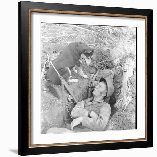 U.S. Marine in a Foxhole with War Scouting Husky Dog During the Landing of Guam, August 1944-W^ Eugene Smith-Framed Photographic Print