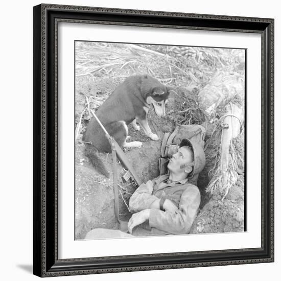 U.S. Marine in a Foxhole with War Scouting Husky Dog During the Landing of Guam, August 1944-W^ Eugene Smith-Framed Photographic Print