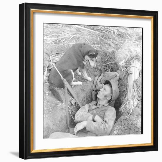 U.S. Marine in a Foxhole with War Scouting Husky Dog During the Landing of Guam, August 1944-W^ Eugene Smith-Framed Photographic Print