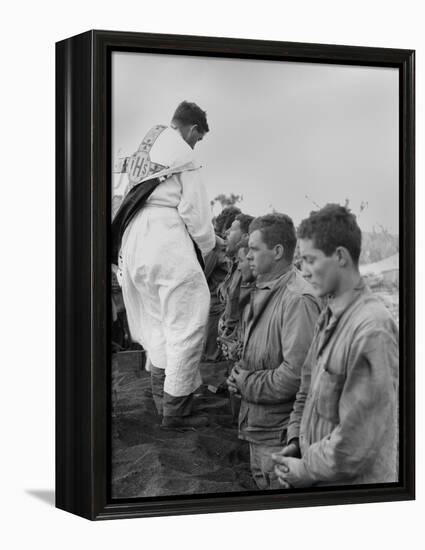 U.S. Marines and a Chaplain Celebrate Catholic Communion During the Battle of Iwo Jima-null-Framed Stretched Canvas