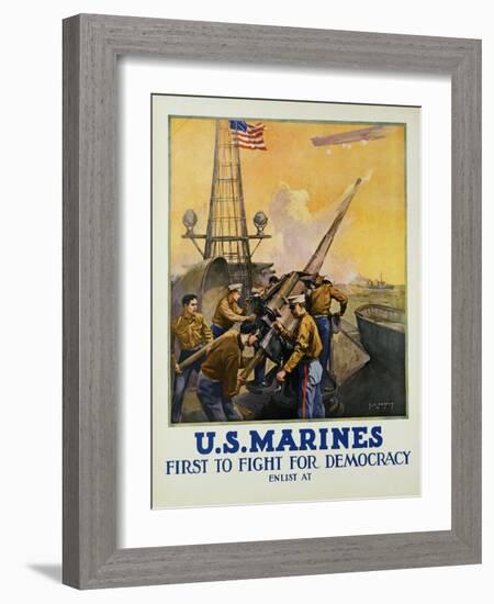 U.S. Marines - First to Fight for Democracy Recruiting Poster-L.a. Shafer-Framed Giclee Print