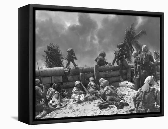 U.S. Marines Move Out from the Tarawa Beachhead into Japanese Smoke Covered Airstrip-null-Framed Stretched Canvas