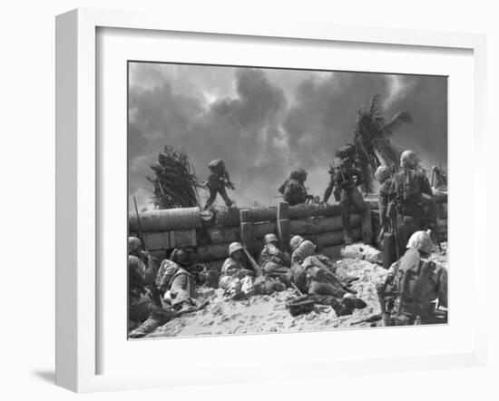 U.S. Marines Move Out from the Tarawa Beachhead into Japanese Smoke Covered Airstrip-null-Framed Photo