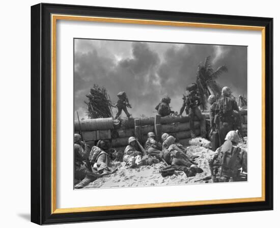 U.S. Marines Move Out from the Tarawa Beachhead into Japanese Smoke Covered Airstrip-null-Framed Photo
