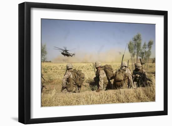 U.S. Marines Watch as Ch-53E Super Stallion Helicopters Land in a Field-null-Framed Photographic Print