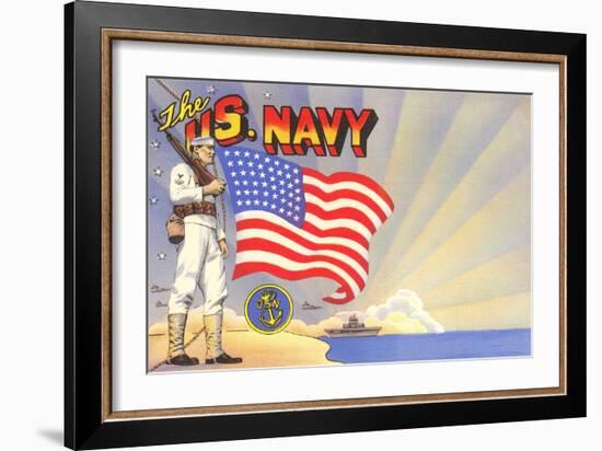 U.S. Navy Sailor with Flag and Ship-null-Framed Art Print