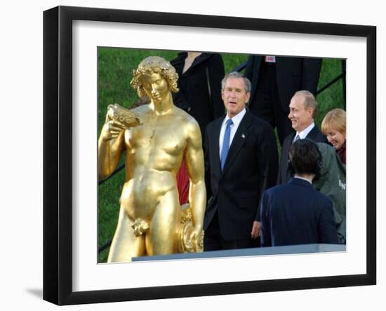 U.S. President George W. Bush, Russian President Vladimir Putin, Russian First Lady Lyudmila Putin-null-Framed Photographic Print