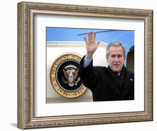 U.S. President George W. Bush Waves as He Steps out of the Air Force One-null-Framed Photographic Print