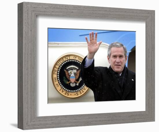 U.S. President George W. Bush Waves as He Steps out of the Air Force One-null-Framed Photographic Print