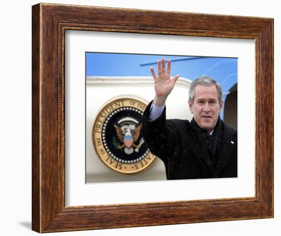 U.S. President George W. Bush Waves as He Steps out of the Air Force One-null-Framed Photographic Print