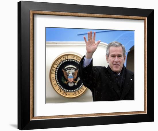 U.S. President George W. Bush Waves as He Steps out of the Air Force One-null-Framed Photographic Print