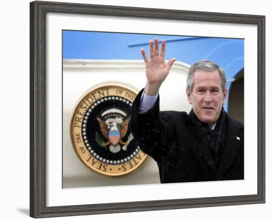 U.S. President George W. Bush Waves as He Steps out of the Air Force One-null-Framed Photographic Print