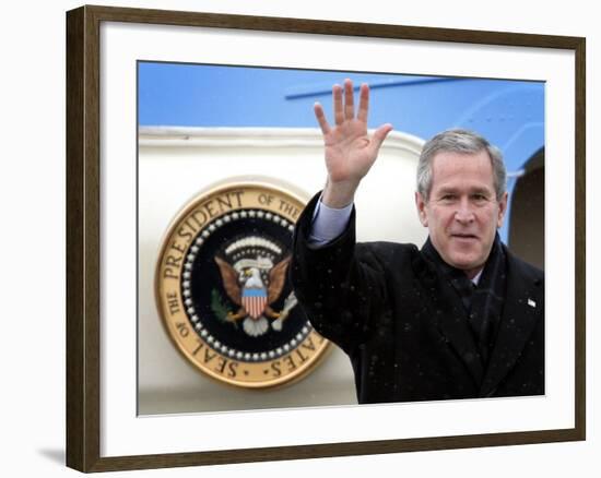 U.S. President George W. Bush Waves as He Steps out of the Air Force One-null-Framed Photographic Print