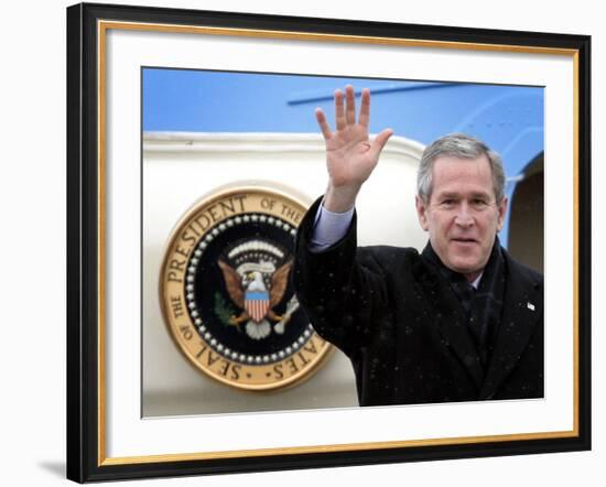 U.S. President George W. Bush Waves as He Steps out of the Air Force One-null-Framed Photographic Print