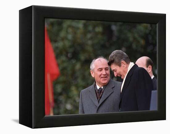 U.S. President Ronald Reagan, Right, Talks with Soviet Leader Mikhail Gorbachev-null-Framed Premier Image Canvas