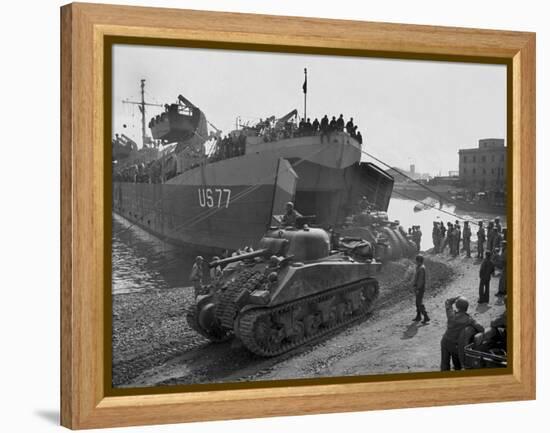 U.S. Sherman Tanks Leave a Landing Ship in Anzio Harbor, May 1944-null-Framed Stretched Canvas