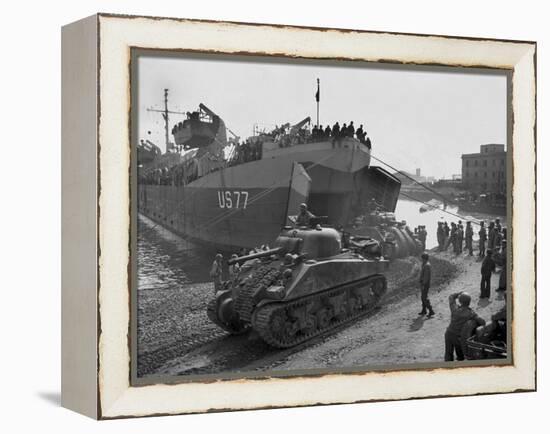 U.S. Sherman Tanks Leave a Landing Ship in Anzio Harbor, May 1944-null-Framed Stretched Canvas