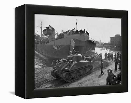 U.S. Sherman Tanks Leave a Landing Ship in Anzio Harbor, May 1944-null-Framed Stretched Canvas