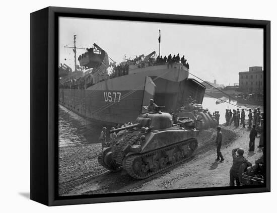 U.S. Sherman Tanks Leave a Landing Ship in Anzio Harbor, May 1944-null-Framed Stretched Canvas