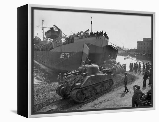 U.S. Sherman Tanks Leave a Landing Ship in Anzio Harbor, May 1944-null-Framed Stretched Canvas