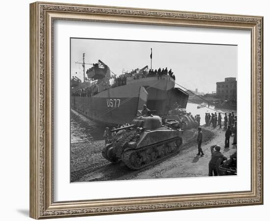 U.S. Sherman Tanks Leave a Landing Ship in Anzio Harbor, May 1944-null-Framed Photo