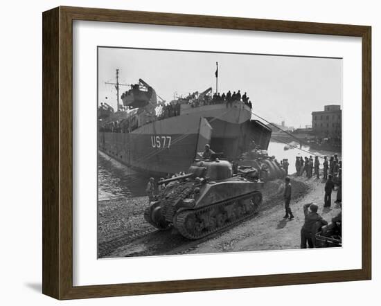 U.S. Sherman Tanks Leave a Landing Ship in Anzio Harbor, May 1944-null-Framed Photo