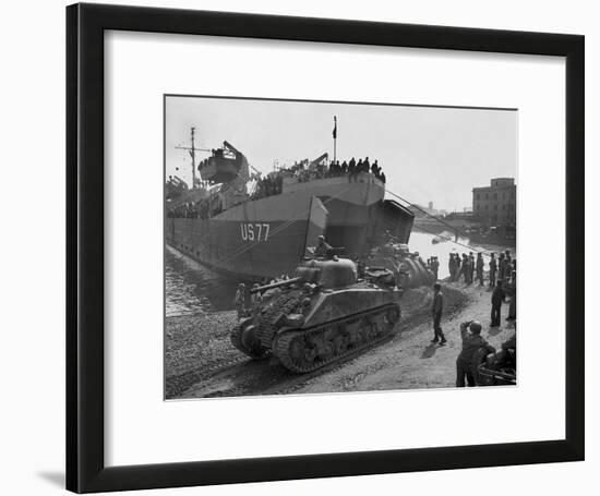 U.S. Sherman Tanks Leave a Landing Ship in Anzio Harbor, May 1944-null-Framed Photo