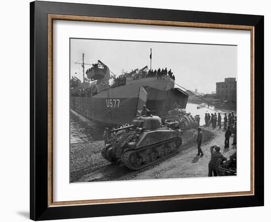 U.S. Sherman Tanks Leave a Landing Ship in Anzio Harbor, May 1944-null-Framed Photo