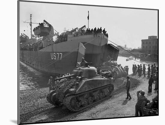 U.S. Sherman Tanks Leave a Landing Ship in Anzio Harbor, May 1944-null-Mounted Photo