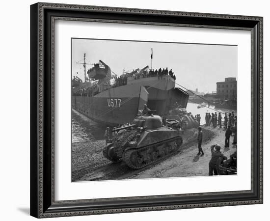 U.S. Sherman Tanks Leave a Landing Ship in Anzio Harbor, May 1944-null-Framed Photo