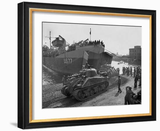 U.S. Sherman Tanks Leave a Landing Ship in Anzio Harbor, May 1944-null-Framed Photo